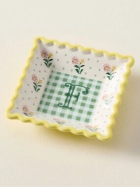 Anthropologie Monogram F Stoneware Trinket Dish Dice Holder In Green & Yellow